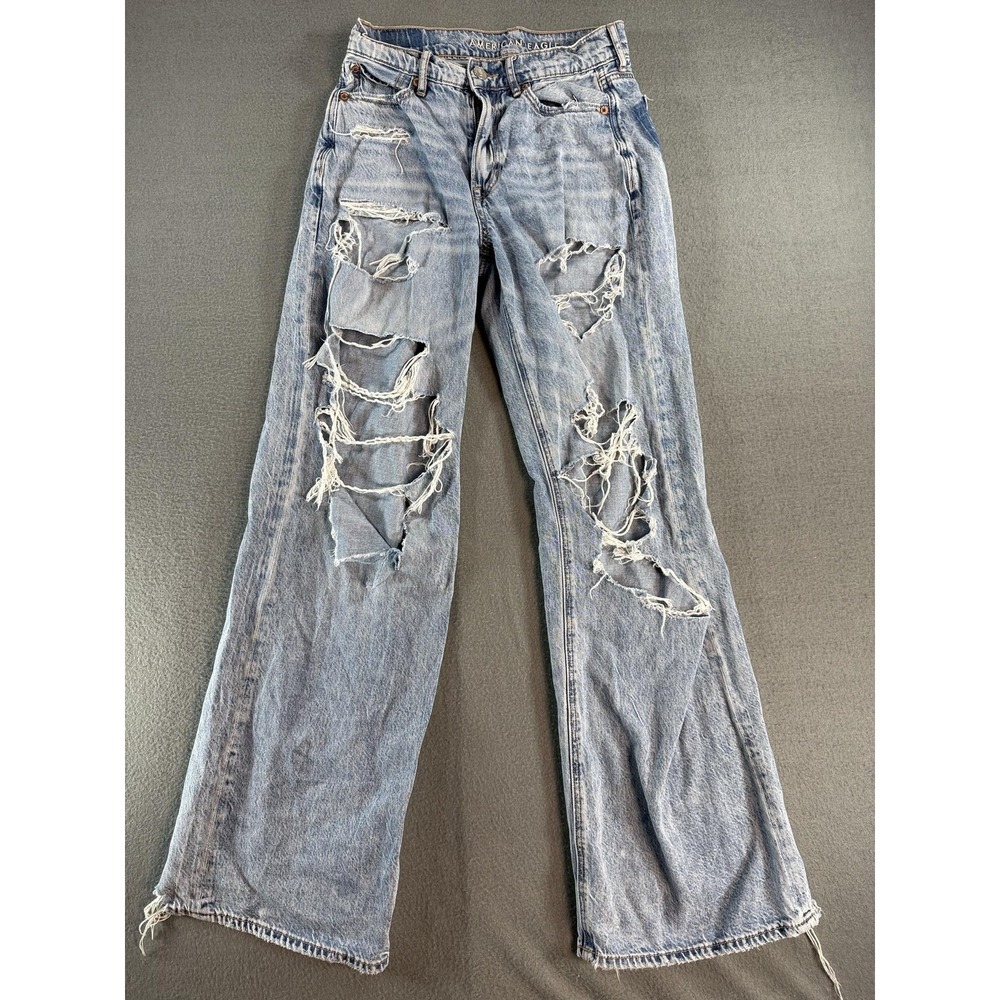 American Eagle Super High-Rise Baggy Jeans Womens 0 Light Blue Distressed